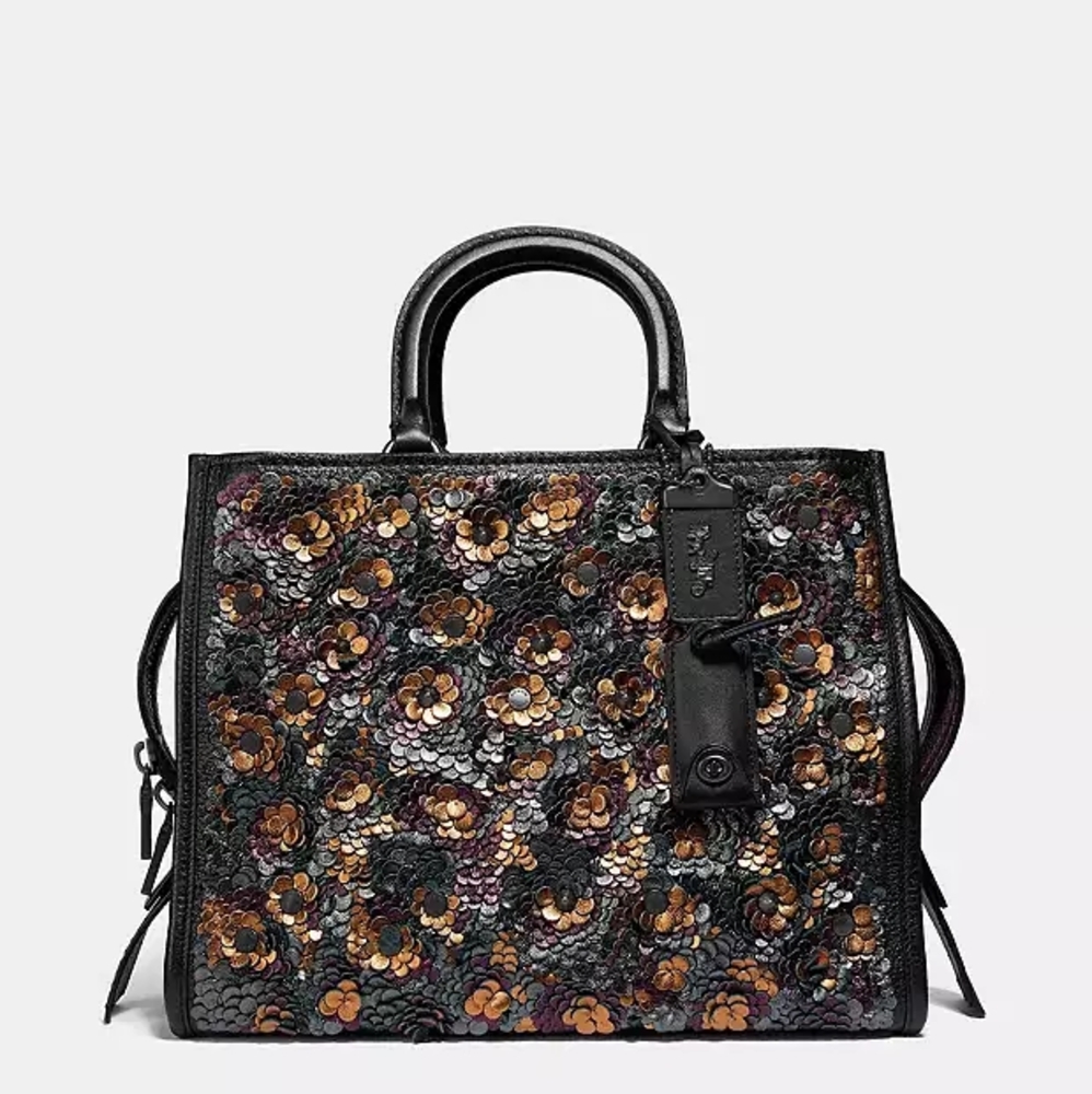 Coach Black and Gold Floral Sequin Satchel